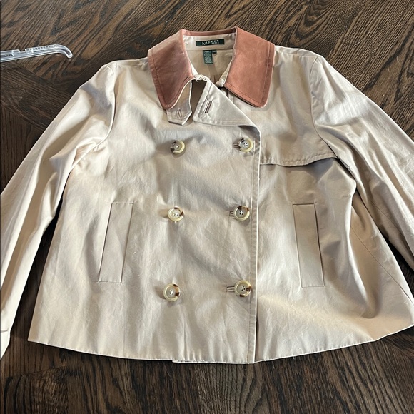 Ralph Lauren green label Cream Trench Coat Brown Collar double breasted crop - Picture 6 of 7